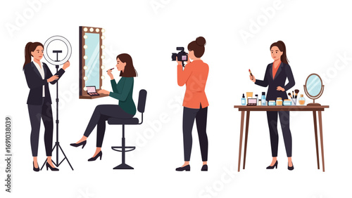 Diverse group of women engaged in creative professional activities including makeup artistry filming and presentation with equipment and tools displayed