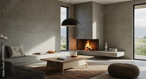 Modern Living Room with Concrete Walls and Fireplace