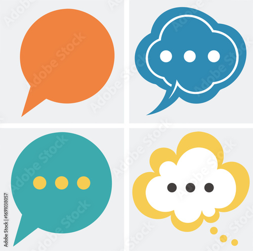 Print Four colorful speech bubbles and thought clouds with ellipses