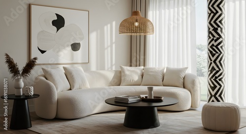 Modern Living Room with Curved Sofa, Abstract Art, and Natural Light