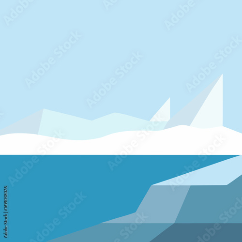 Abstract vector landscape illustration of icy shoreline and mountains under a moonlit sky
