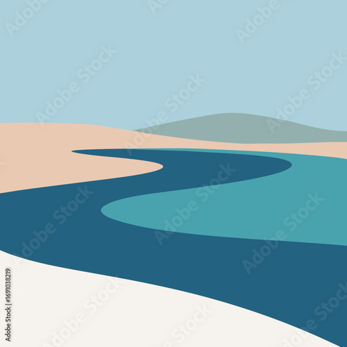Serene minimalist landscape vector illustration of winding river dunes hills and sky