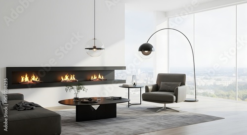 Modern Living Room with Fireplace and City View