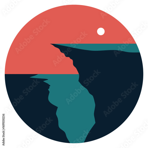 Serene coastal cliff landscape vector illustration with sunset and moon