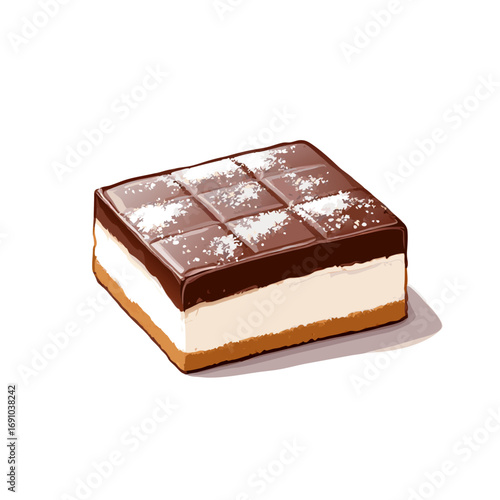 Delicious ChocolateCovered Cream Cake Slice with Powdered Sugar.