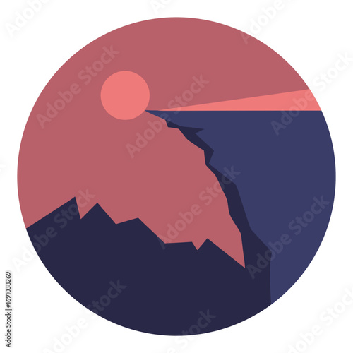 Serene circular landscape vector art featuring moon cliffs and mountain scenery