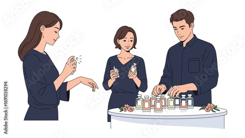 Diverse group of people interacting at a beauty counter sampling perfumes and skincare products with a focus on personal care and retail experience