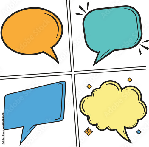Print Four colorful speech bubbles and thought clouds with ellipses