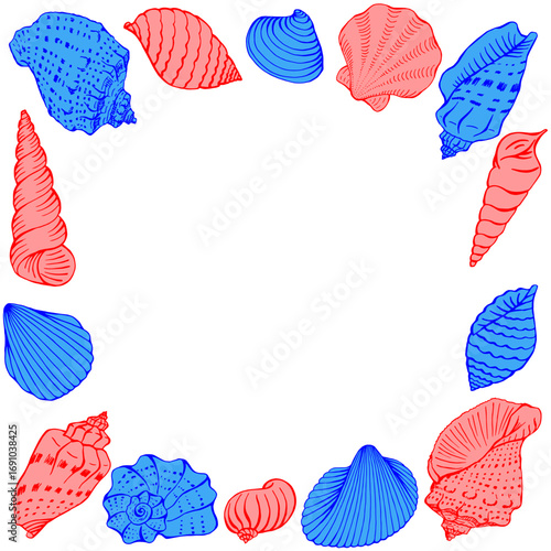 Seashells with copy space for design or message. Hand drawn illustration.