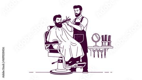 Vintage illustration of a barber meticulously trimming a client s beard with scissors in a classic barber shop setting with tools on display