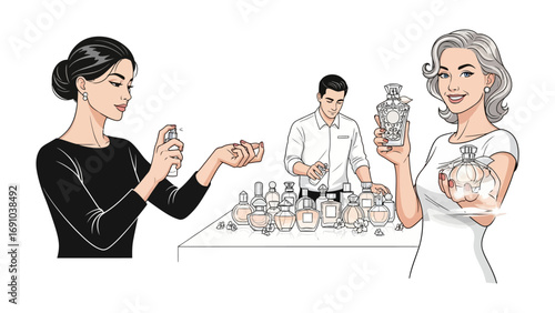 Elegant women in a perfume shop selecting fragrances from a display with a salesperson assisting them in the background