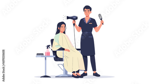 Professional female hairstylist with hairdryer and comb standing next to a seated female client in a salon chair wearing a cape