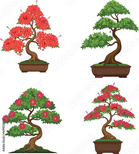 Bonsai tree illustration, hibiscus and floral bonsai art, decorative potted plant vector, blooming bonsai tree design, botanical garden artwork, ornamental plant drawing
