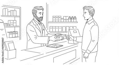 Pharmacist handing medicine box to customer at pharmacy counter in a line art black and white drawing