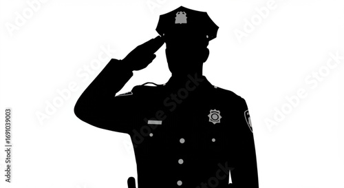 Silhouette of a police officer in uniform saluting against a white background in a respectful manner