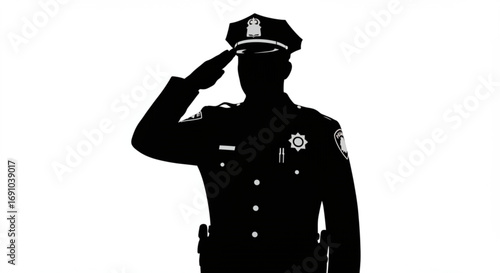 Silhouette of a police officer in uniform saluting with a hat and badge on a white background image view