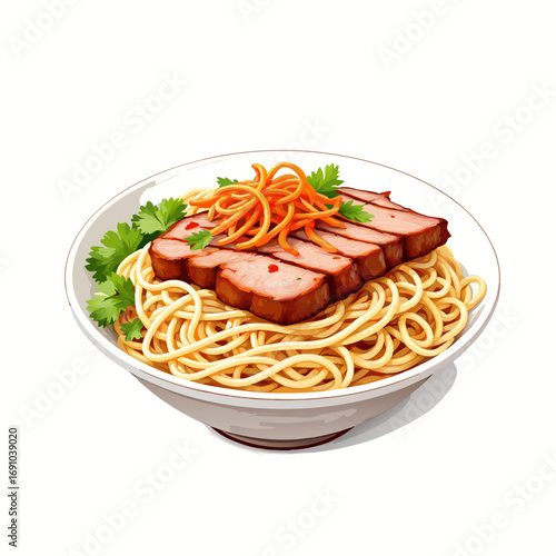 Delicious Noodle Bowl with Sliced Pork and Carrot Garnish Illustration.