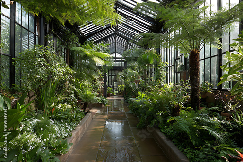 Interior of a large glass greenhouse filled with lush tropical plants, ferns, and a wet stone walkway.