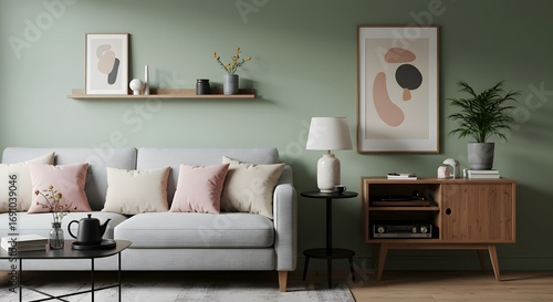 Modern Living Room with Green Walls, Sofa, and Minimalist Decor