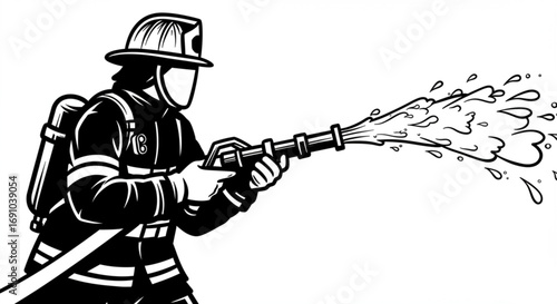 Illustration of a firefighter in action spraying water from a hose with protective gear and helmet on head