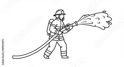 Illustration of a firefighter holding a hose spraying water with protective gear and helmet on white background