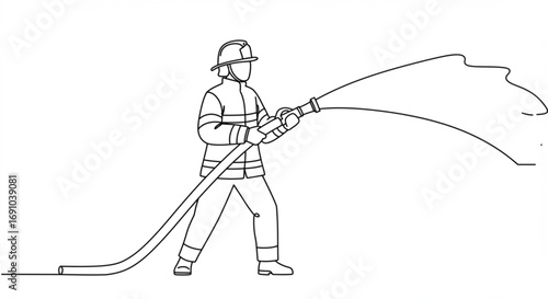 A firefighter in full gear is shown holding a fire hose spraying water in a line drawing illustration