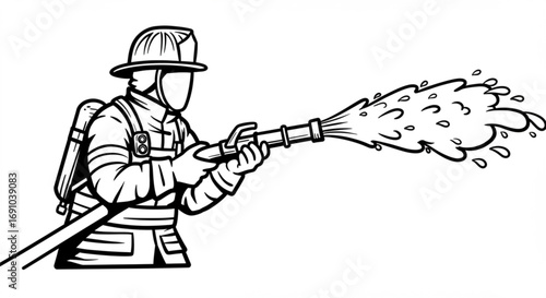 Illustration of a firefighter in uniform holding a fire hose spraying water powerfully forward in black and white