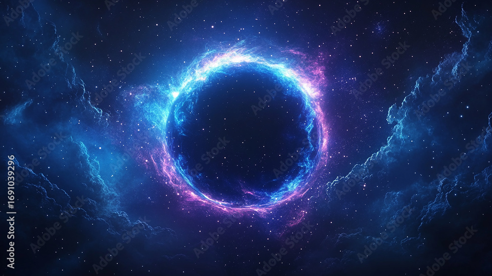 Obraz premium Dark Cosmic Sphere Surrounded by Vibrant Blue and Purple Nebula in Space