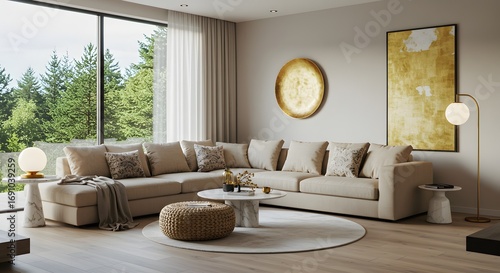 Modern Living Room with Large Window and Forest View, Beige Sectional Sofa, Minimalist Decor