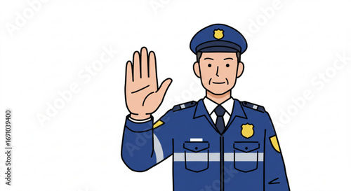 Illustration of a police officer in uniform raising his hand in a gesture on a white background space