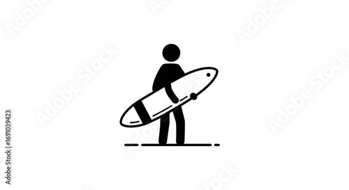 Illustration of a stick figure holding a surfboard with a black and white design on a white background