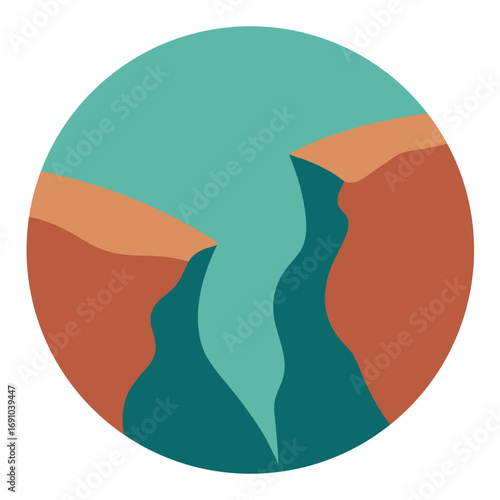 Abstract circular vector illustration of diverse natural landscapes with cliffs and water
