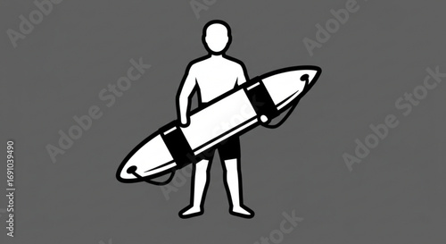 Illustration of a lifeguard holding a surfboard with bands and a rope on a gray background scene
