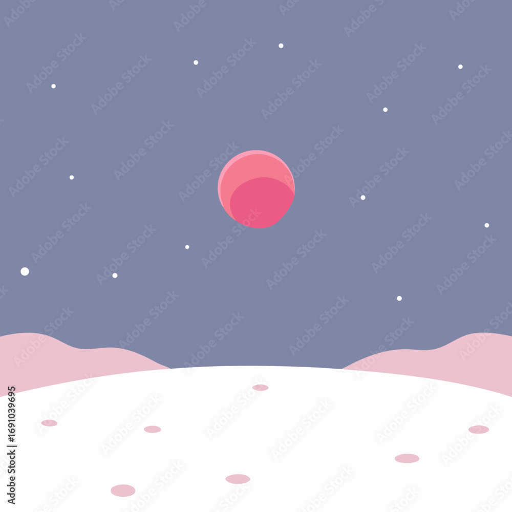 Naklejka premium Stylized vector landscape with pink moon and snowy dunes under a starry sky