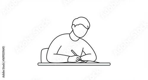 A person sitting at a desk writing in a book with a pen in a simple black and white line drawing