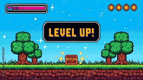 Retro 8-bit pixel art game scene vibrant blue sky with level up graphic and health bar for classic gaming adventure nostalgia