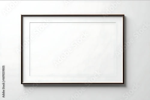 Minimalist hyperrealistic horizontal black metal picture frame thin edges centered front view plain white background no matting no shadows no reflections no d