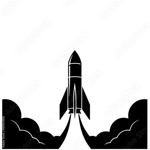 Silhouette rocket launching into space with dramatic smoke clouds minimalist design for science and technology themes vector