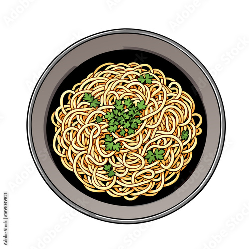 Delicious Spaghetti Pasta Dish with Fresh Parsley Garnish on Black Plate.