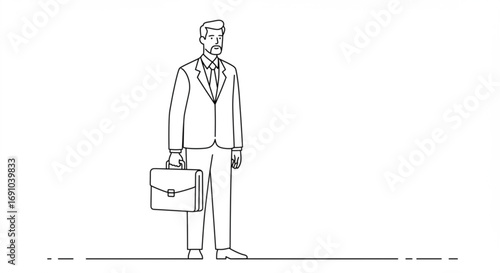 Line drawing of a businessman in a suit holding a briefcase standing in a white background space