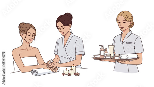 Skilled beautician carefully applying nail polish to a client s hand while another therapist holds a tray of beauty products and supplies