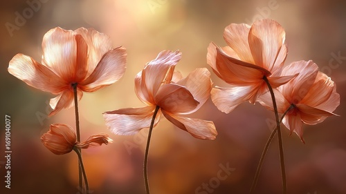 Natural style floral arrangement flowing forms soft-focus background warm light backlight