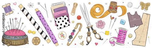 Vector hand drawn sewing retro set. Collection of highly detailed hand drawn sewing tools isolated on background