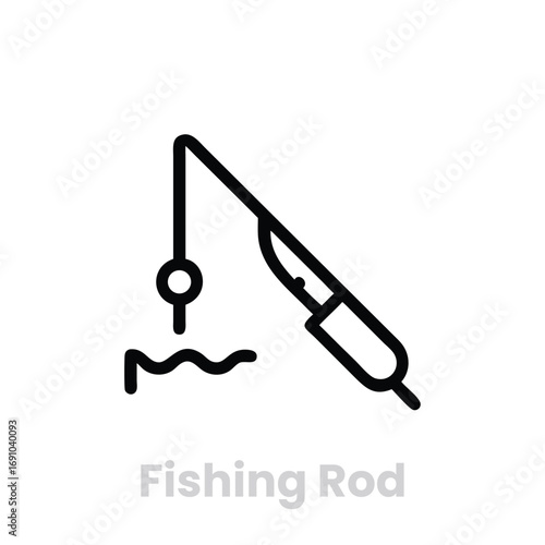 Fishing rod Vector icon vector art of a minimalist line art illustration of a fishing rod with a baited hook dangling above wavy water, , conveying a sense of leisure, recreation, and the anticipation
