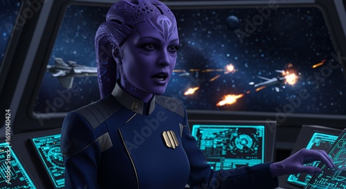 Alien female pilot spacecraft cockpit
