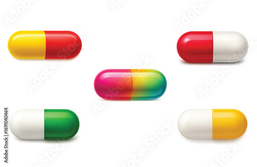 Variety of Colorful Capsules and Tablets Isolated Object
