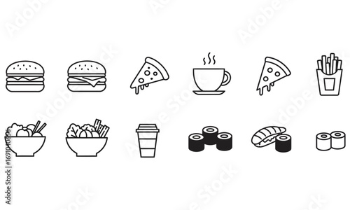 A vintage vector set of various food and drink icons from breakfast to dessert, including coffee, tea, and pizza