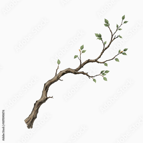 Detailed illustration of a weathered tree branch with new spring leaves.