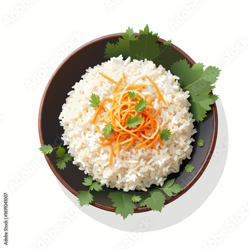 Fluffy white rice mound topped with vibrant orange shredded carrots and fresh green parsley leaves.
