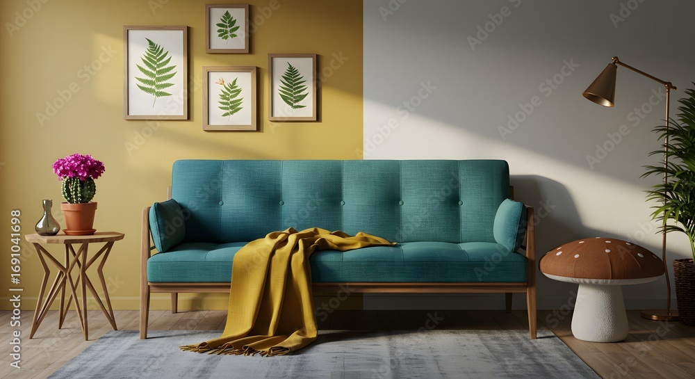 Fototapeta premium Modern Living Room with Teal Sofa, Botanical Art, and Natural Light
